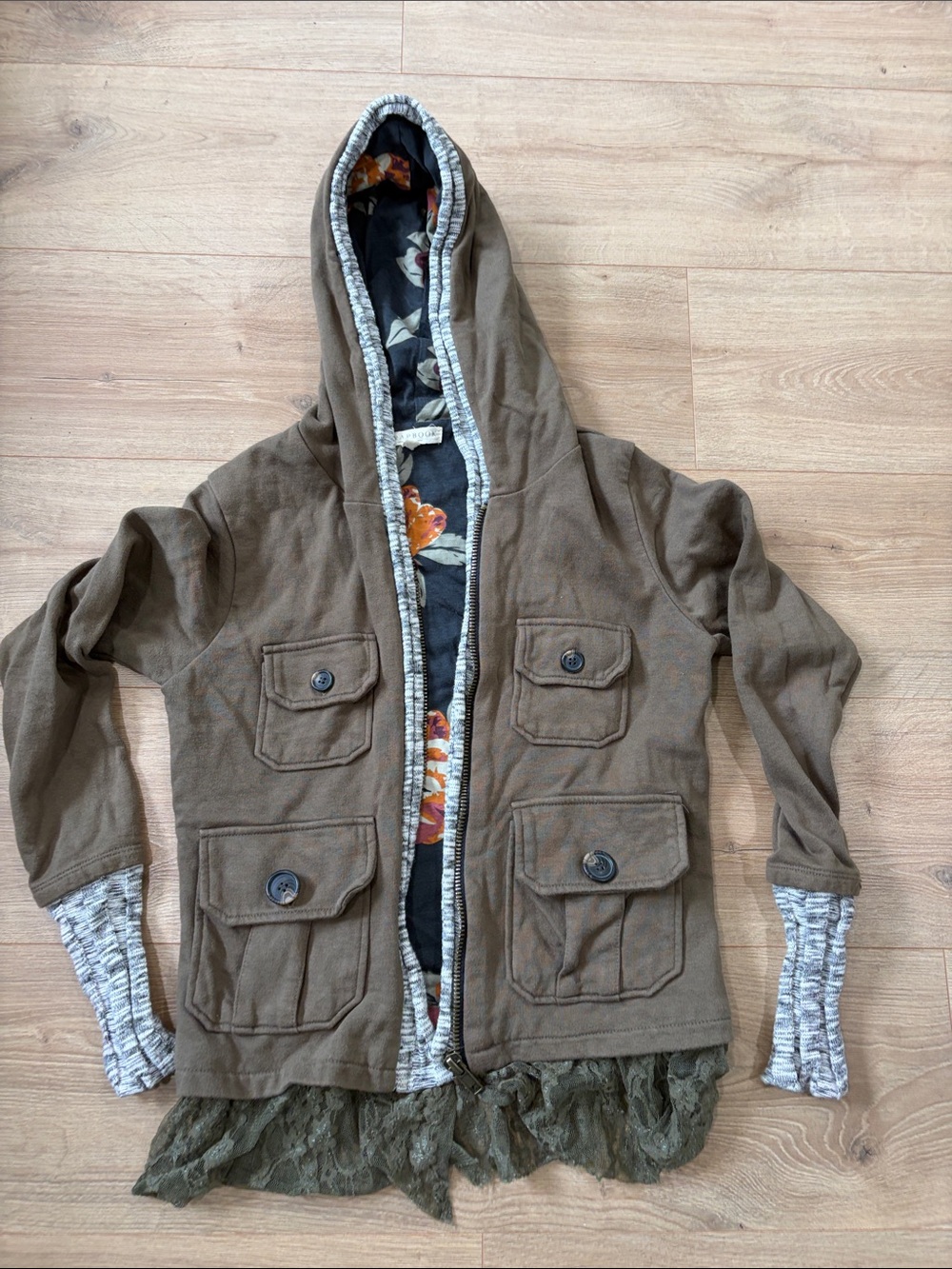 Scrapbook size small Olive-Brown Hooded Field Jacket with Floral Trim